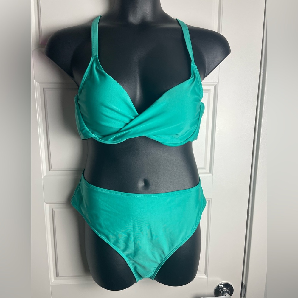 Turquoise High Waisted Bikini Set Twist Front Top Two Piece Swimsuit